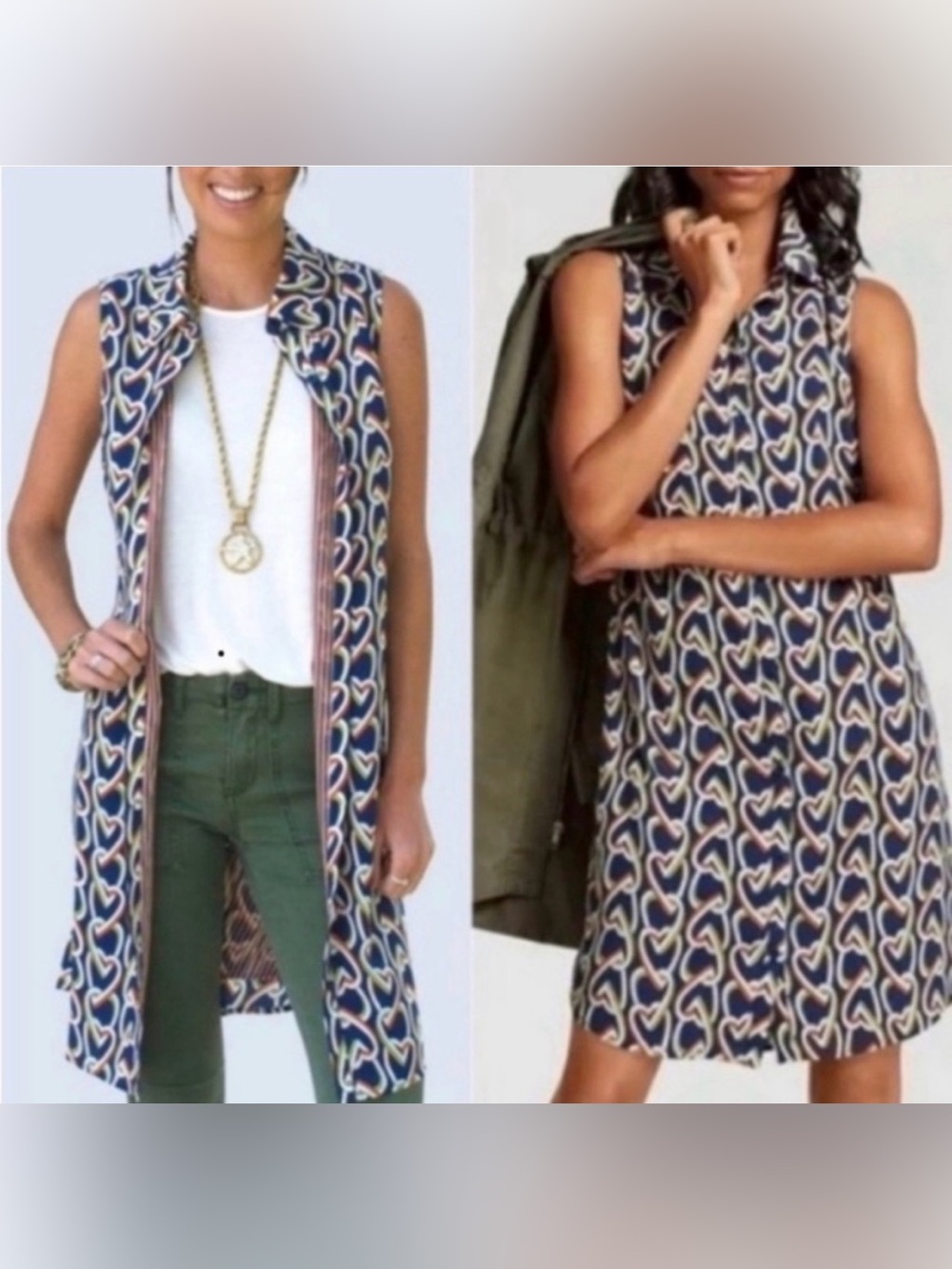CAbi Amour Heart Chain Button Front Sleeveless Shirt Dress Size Small Collared